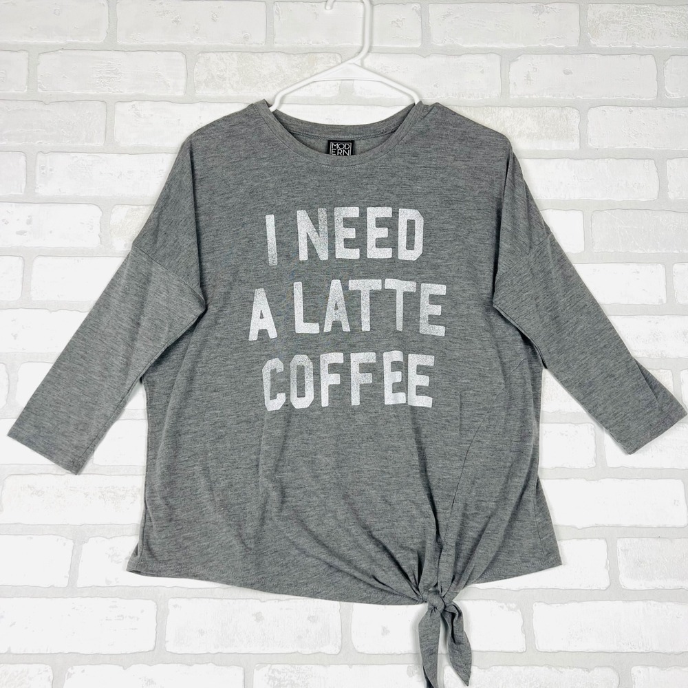 Modern Lux Womens Grey I Need A Latte Coffee‎ Tie Front Graphic Top Small